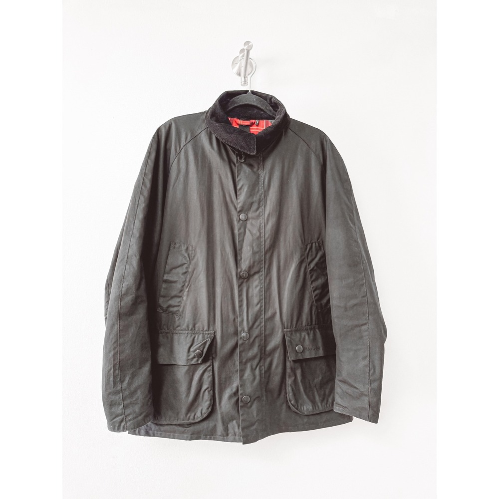 Barbour Ashby Waxed Cotton Jacket‎ Tartan Lined Corduroy Collar Black Large